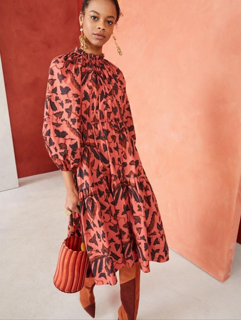 Ulla Johnson Ombre Long Sleeve Midi Dress Batik Botanical In Cinnabar Size 4